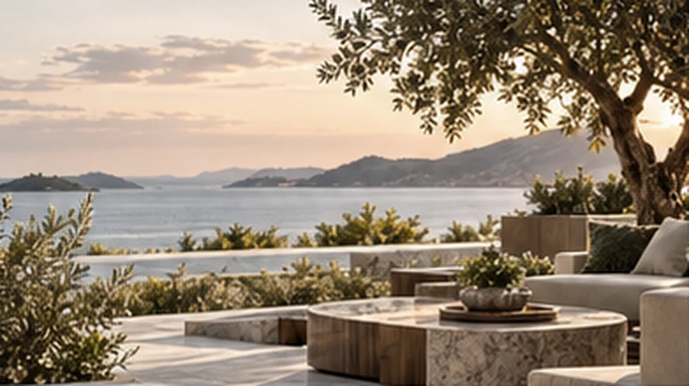 A quiet terrace overlooking a distant coastline in warm evening light