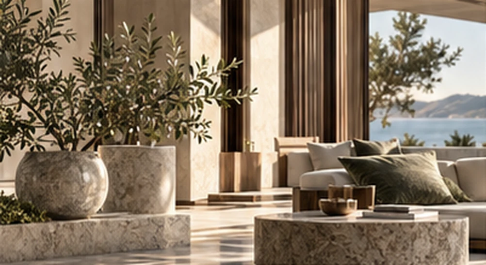 Warm stone, natural light and an olive tree in a calm, welcoming space